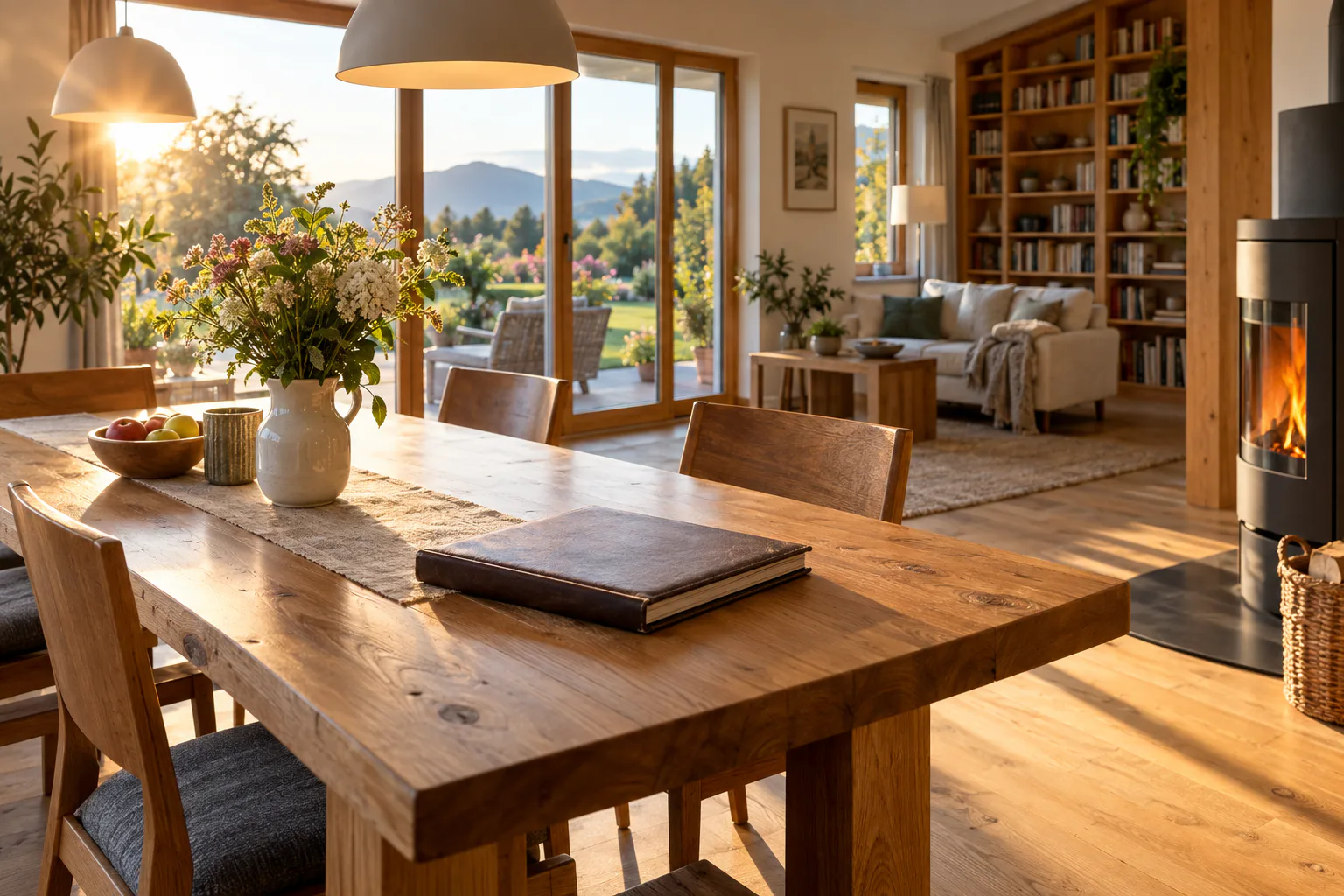 Warmer österreichischer Wohnraum mit Esstisch, Holzofen, Bücherregal und Gartenblick